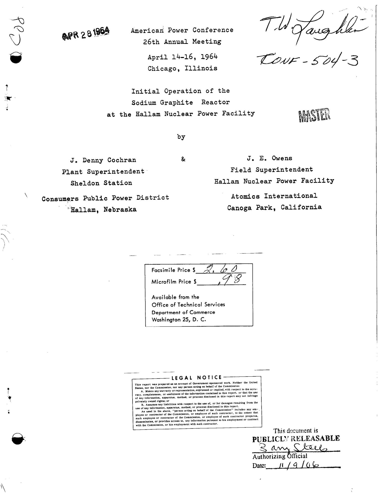 Initial Operation of the Sodium Graphite Reactor at the Hallam Nuclear Power Facility UNT