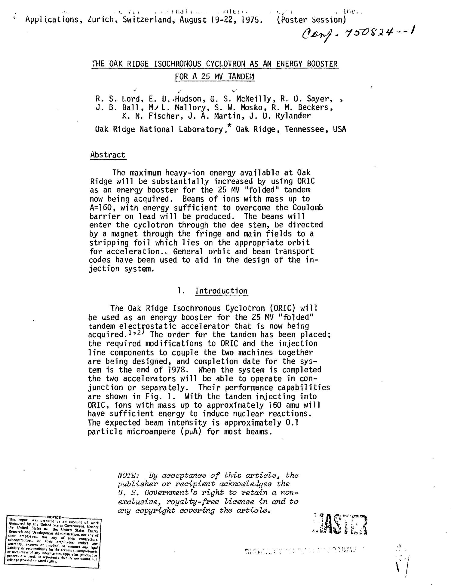Oak Ridge isochronous cyclotron as an energy booster for a 25 MV tandem