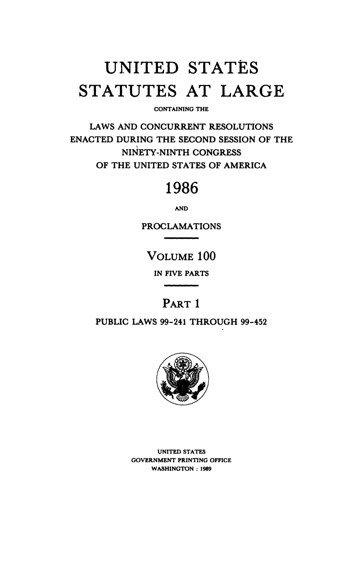 United States Statutes At Large, Volume 100, 1986 Page Title Page