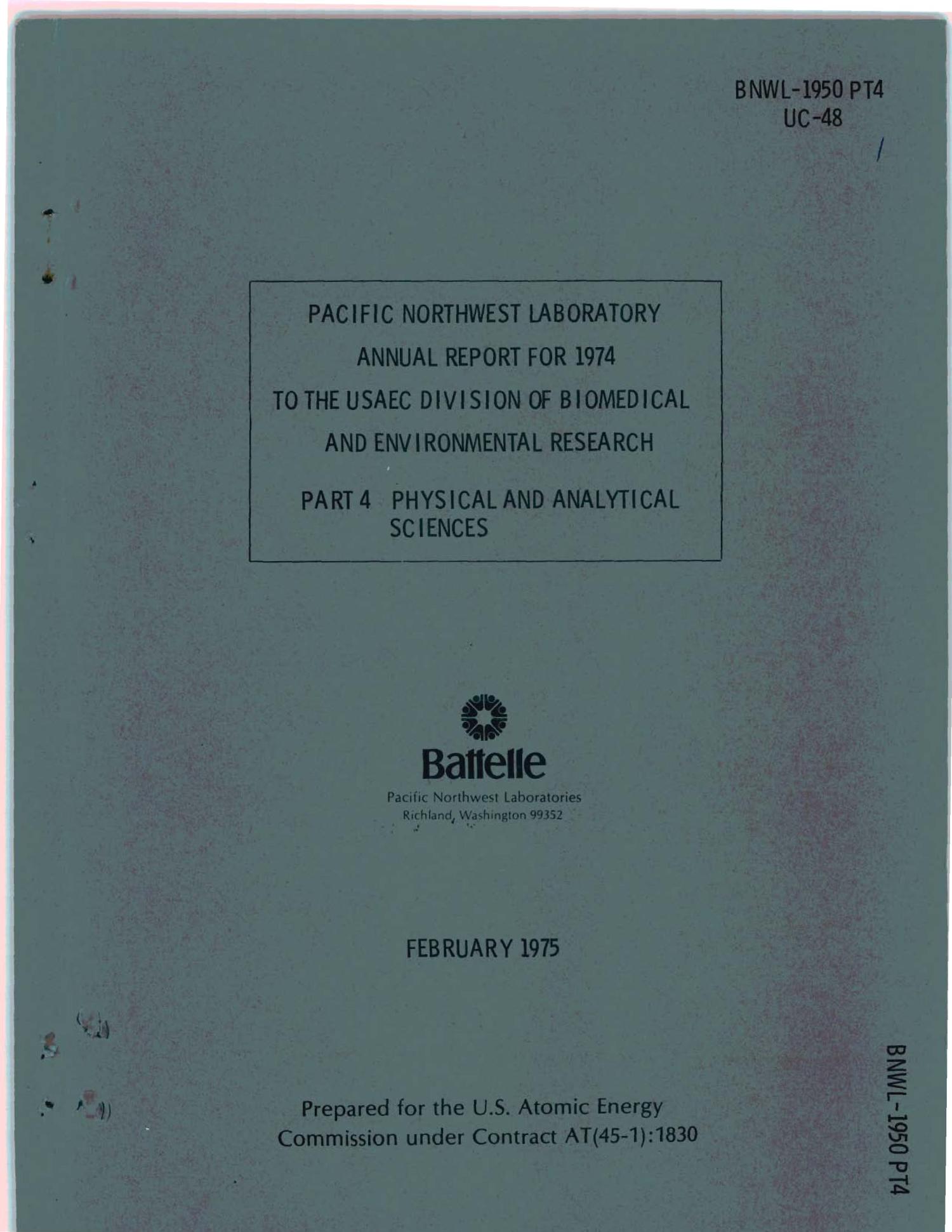 Pacific Northwest Laboratory annual report for 1974 to the USAEC Division of Biomedical and
