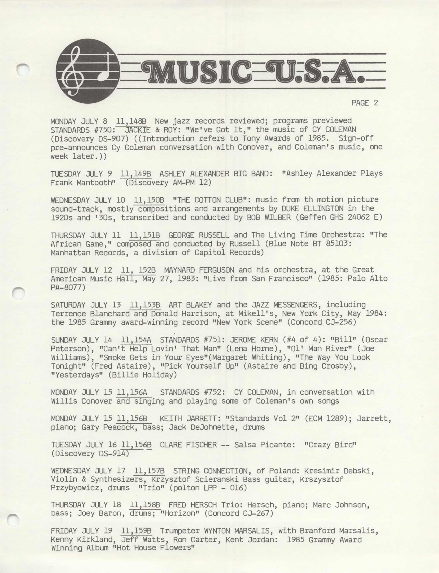Music USA program lists, 1985 Page 19 of 34 UNT Digital Library