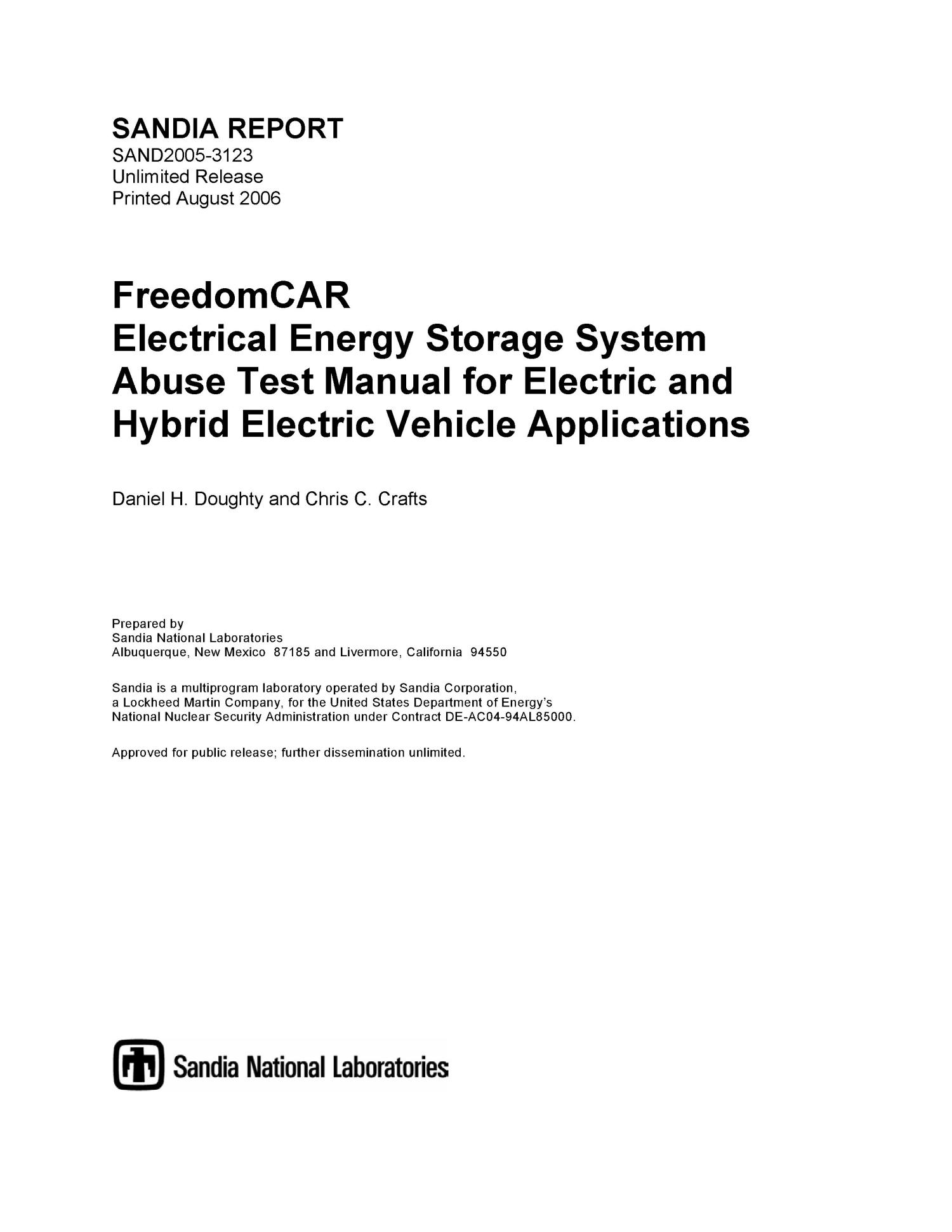 FreedomCAR electrical energy storage system abuse test manual for