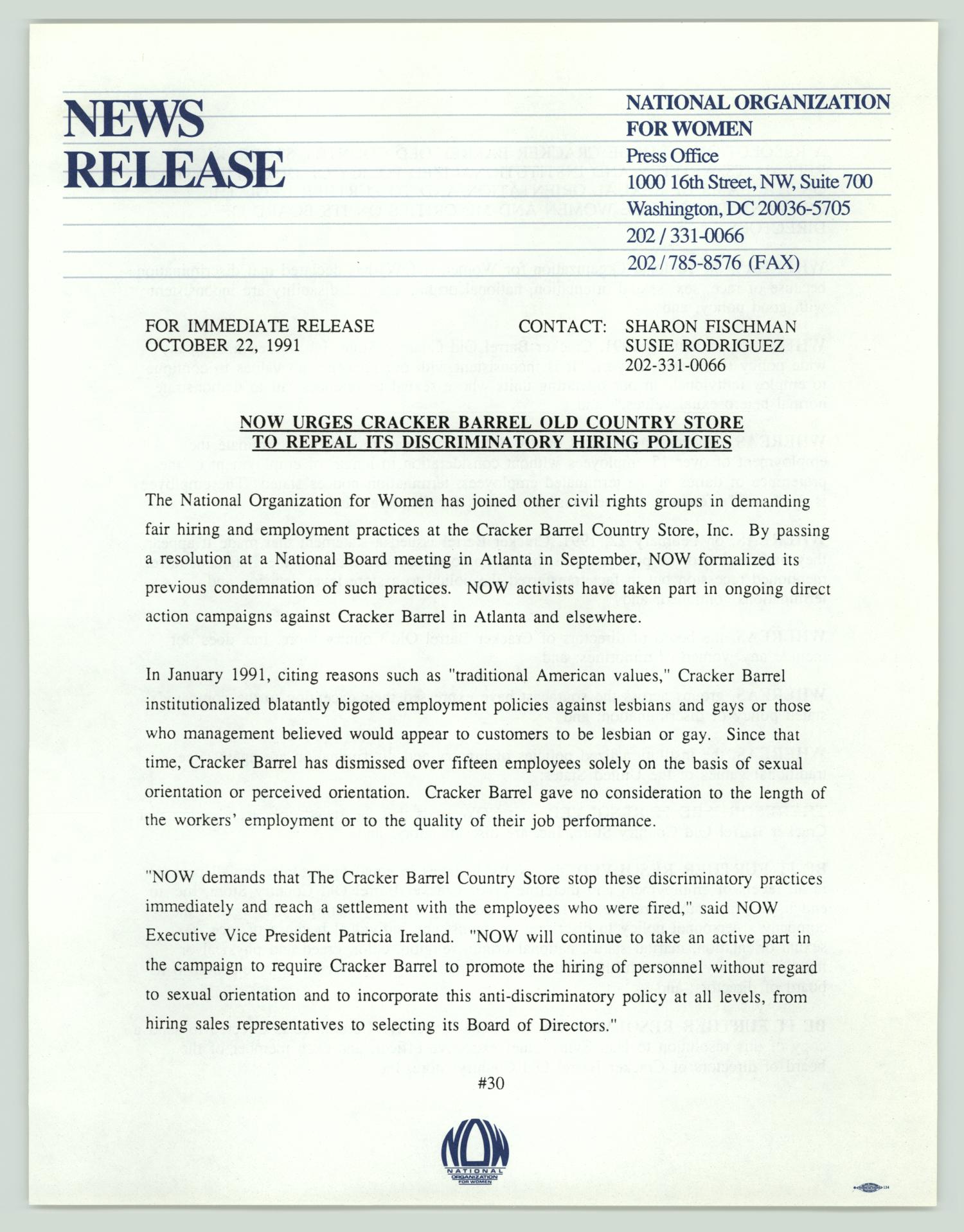 [Press release NOW urges Cracker Barrel Old Country Store to repeal