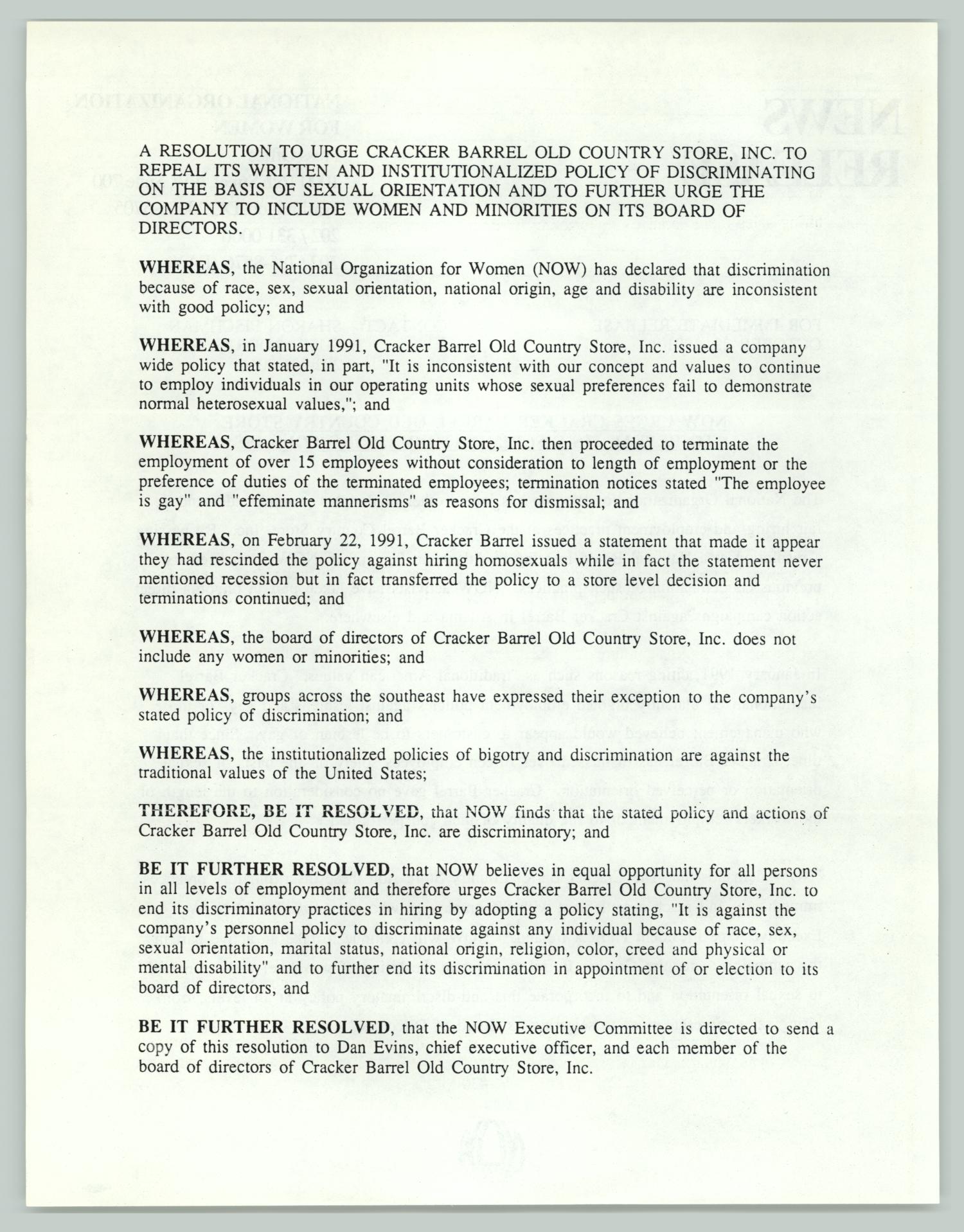 [Press release NOW urges Cracker Barrel Old Country Store to repeal