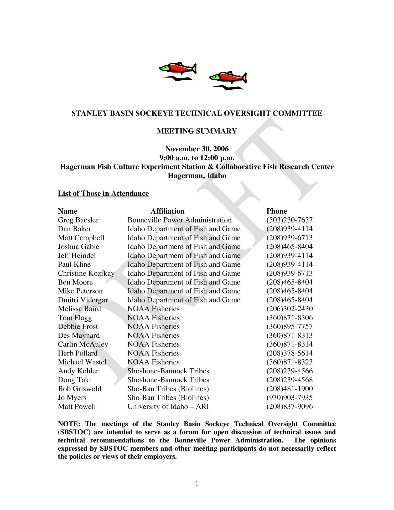 Stanley Basin Sockeye Technical Oversight Committee Meeting Summary