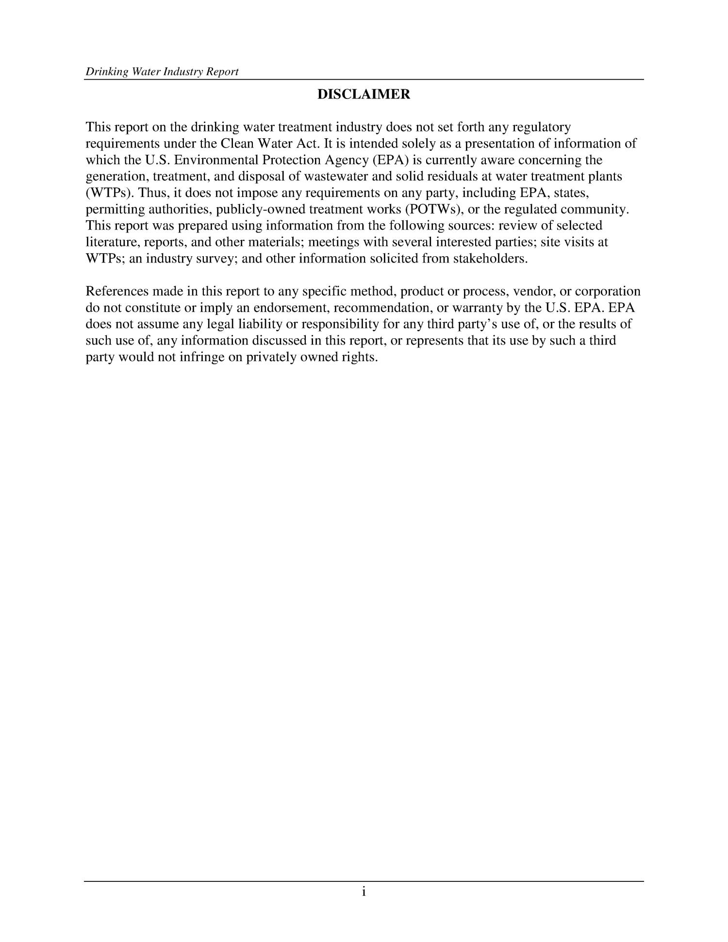 Drinking Water Treatment Plant Residuals Management Technical Report