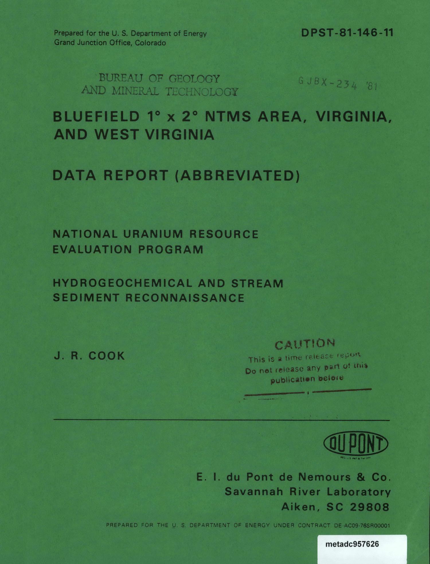 Bluefield 1° x 2° NTMS Area, Virginia, and West Virginia Data Report