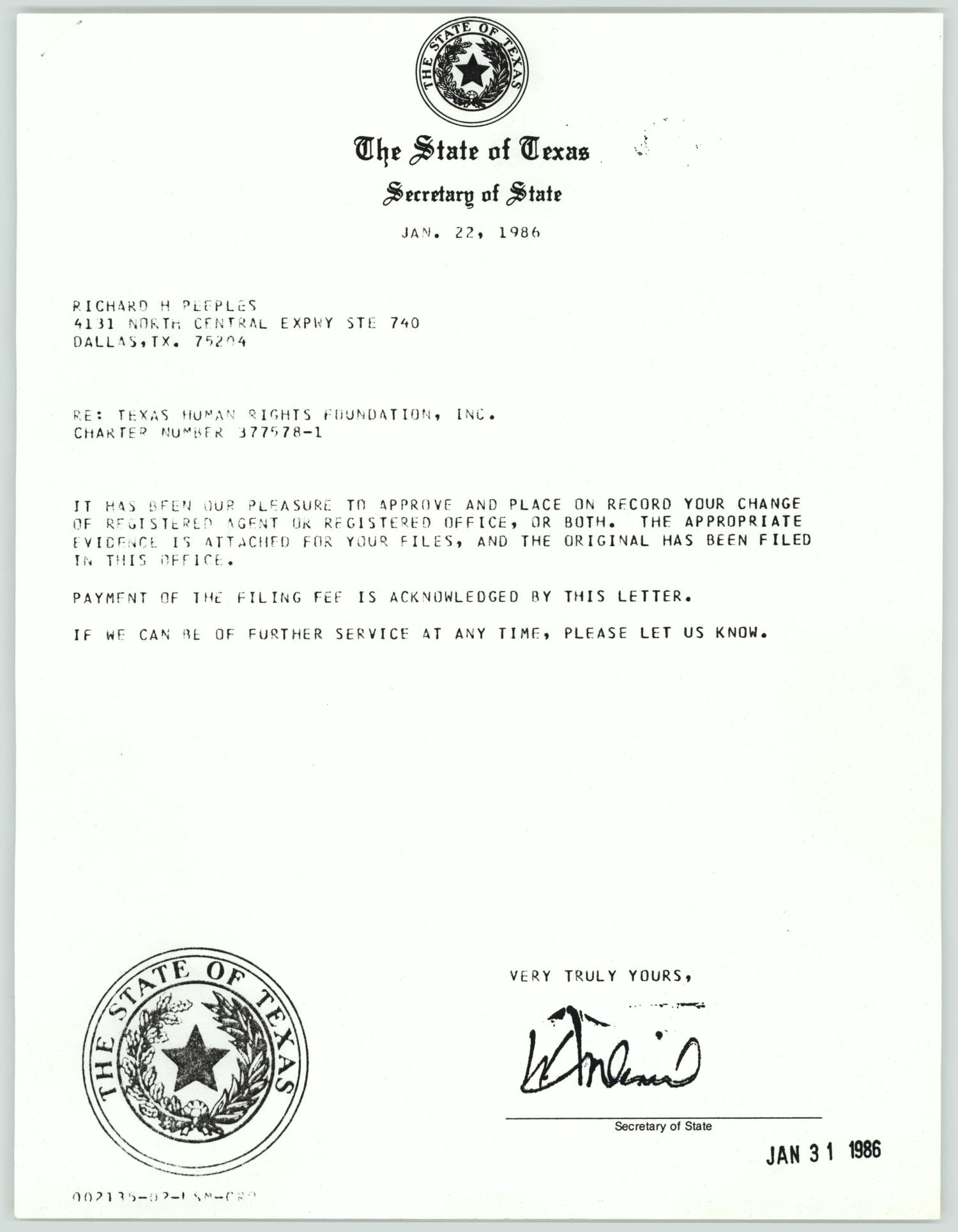 [Letter from the Secretary of State to Dick Peeples about change of
