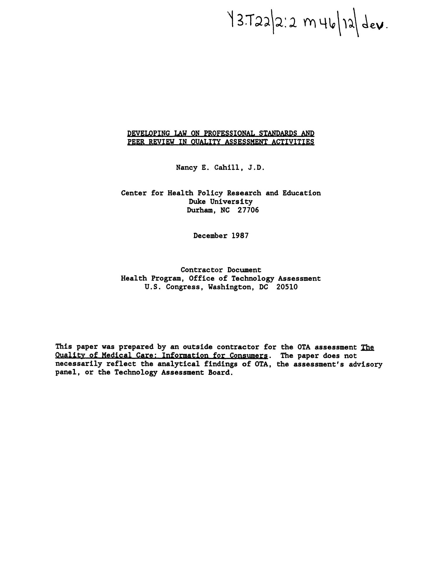 Developing law on professional standards and peer review in quality