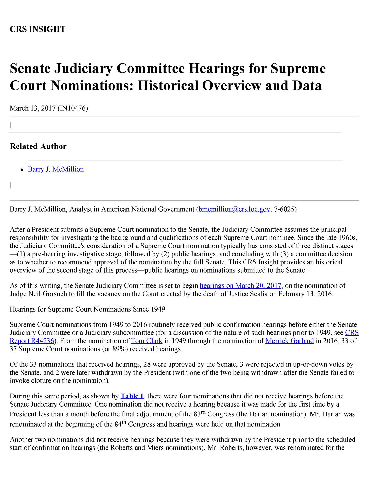 Senate Judiciary Committee Hearings for Supreme Court Nominations