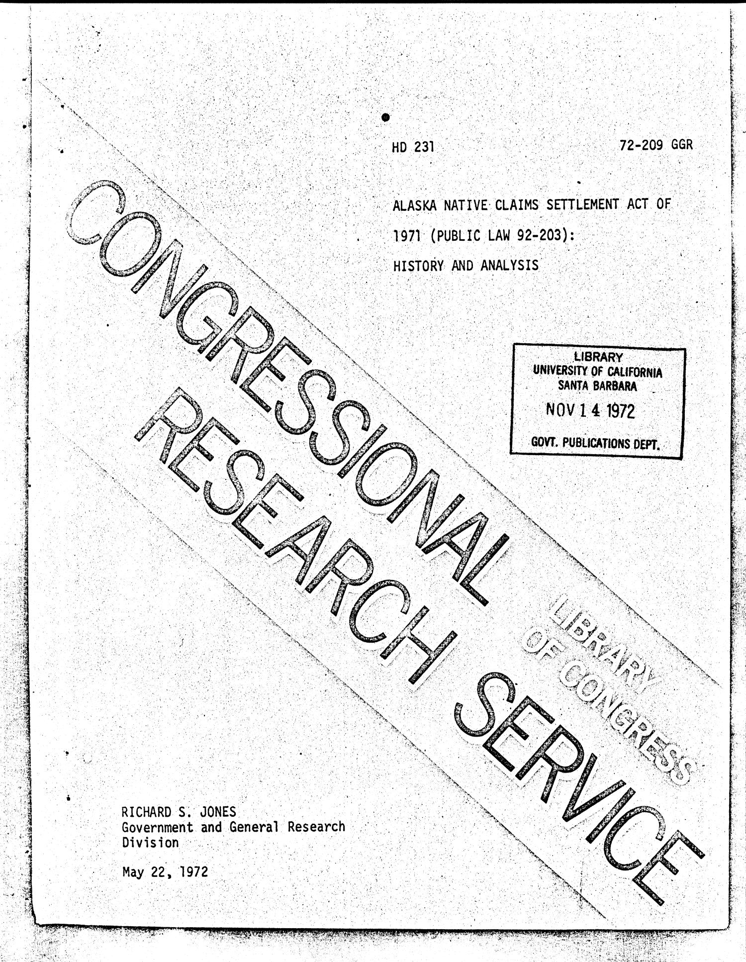 Alaska Native Claims Settlement Act of 1971 (P. L. 92203) History and