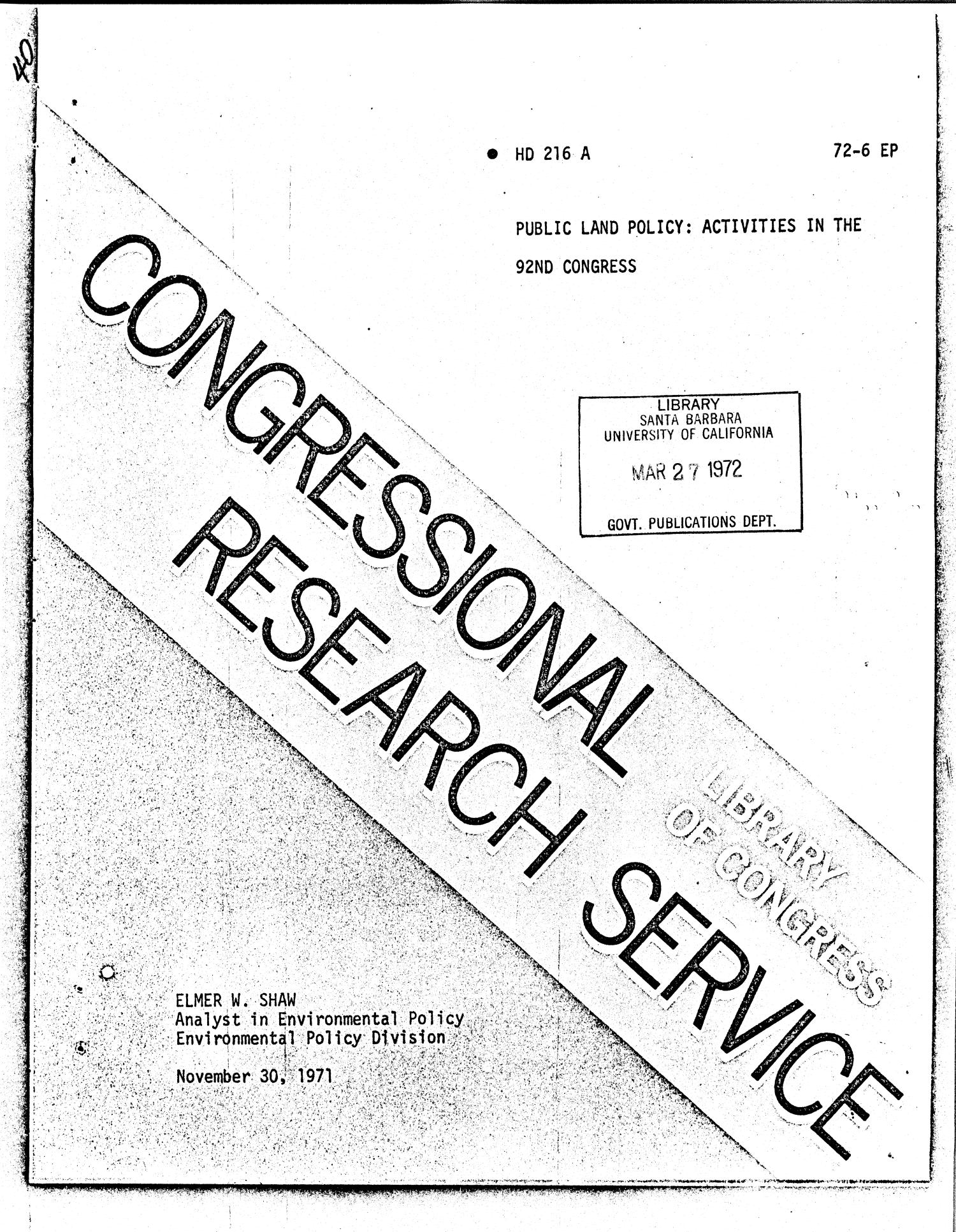 Public Land Policy Activities in the 92nd Congress UNT Digital Library