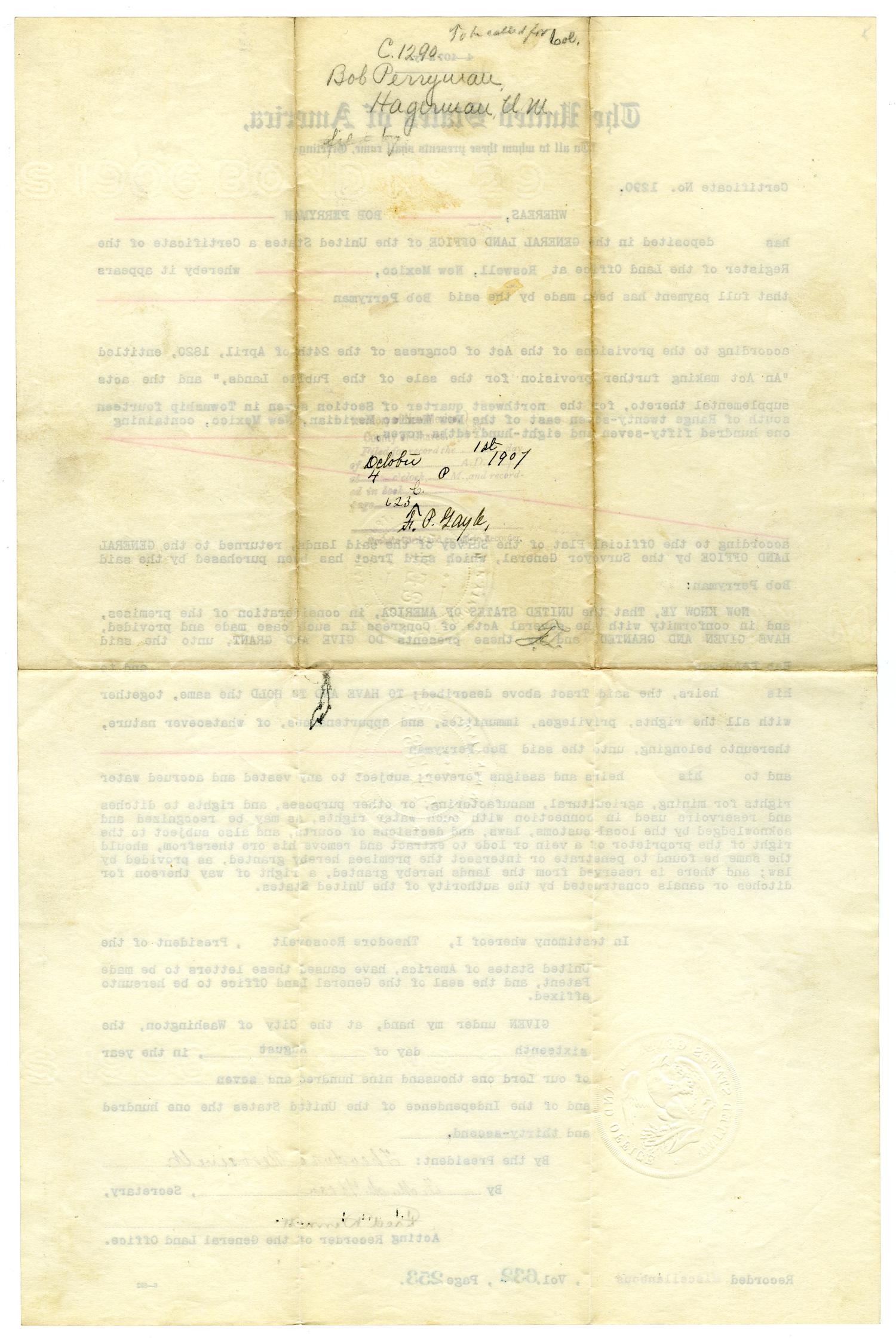 [Land Registry Certificate, August, 16, 1907] Page 2 of 2 UNT