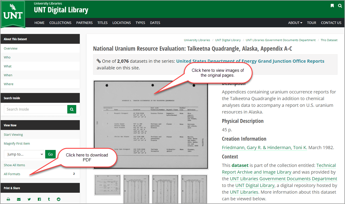 Help Interacting with Items Accessing DatasetsUNT Digital Library