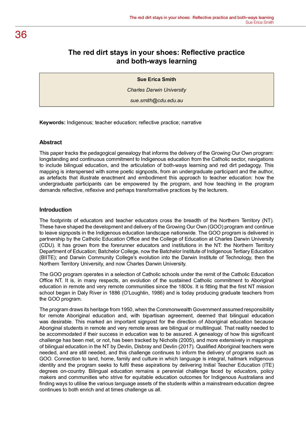 The red dirt stays in your shoes Reflective practice and bothways