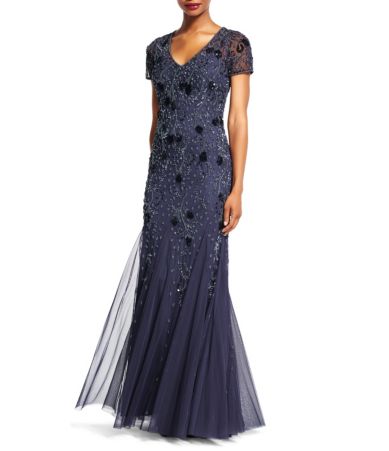 Adrianna Papell Beaded VNeck Short Sleeve Gown Dillards