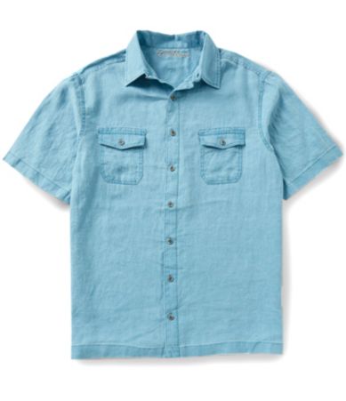 Caribbean Big & Tall ShortSleeve Two Pocket Solid Pigment Print Linen
