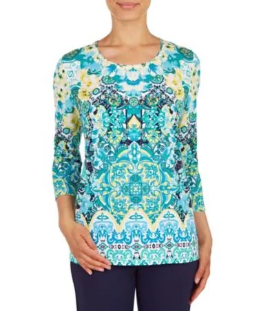 Allison Daley Petites Scroll Print 3/4 Sleeve Embellished Knit Top