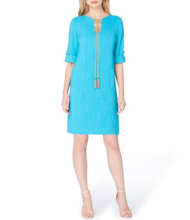 Tahari ASL 3/4 Sleeve Tie Up Linen Shift Dress Dillards