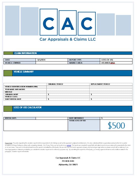 Loss of Use Claim Calculator Diminished Value Car Appraisals