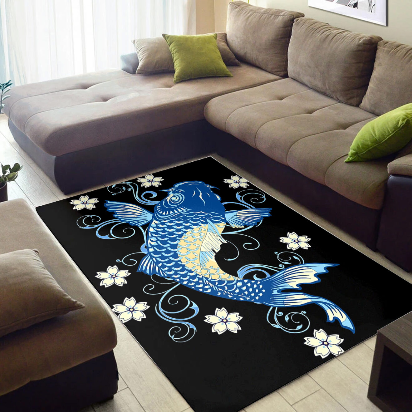 Blue Koi Fish Rug Black Background Rug Dingmun