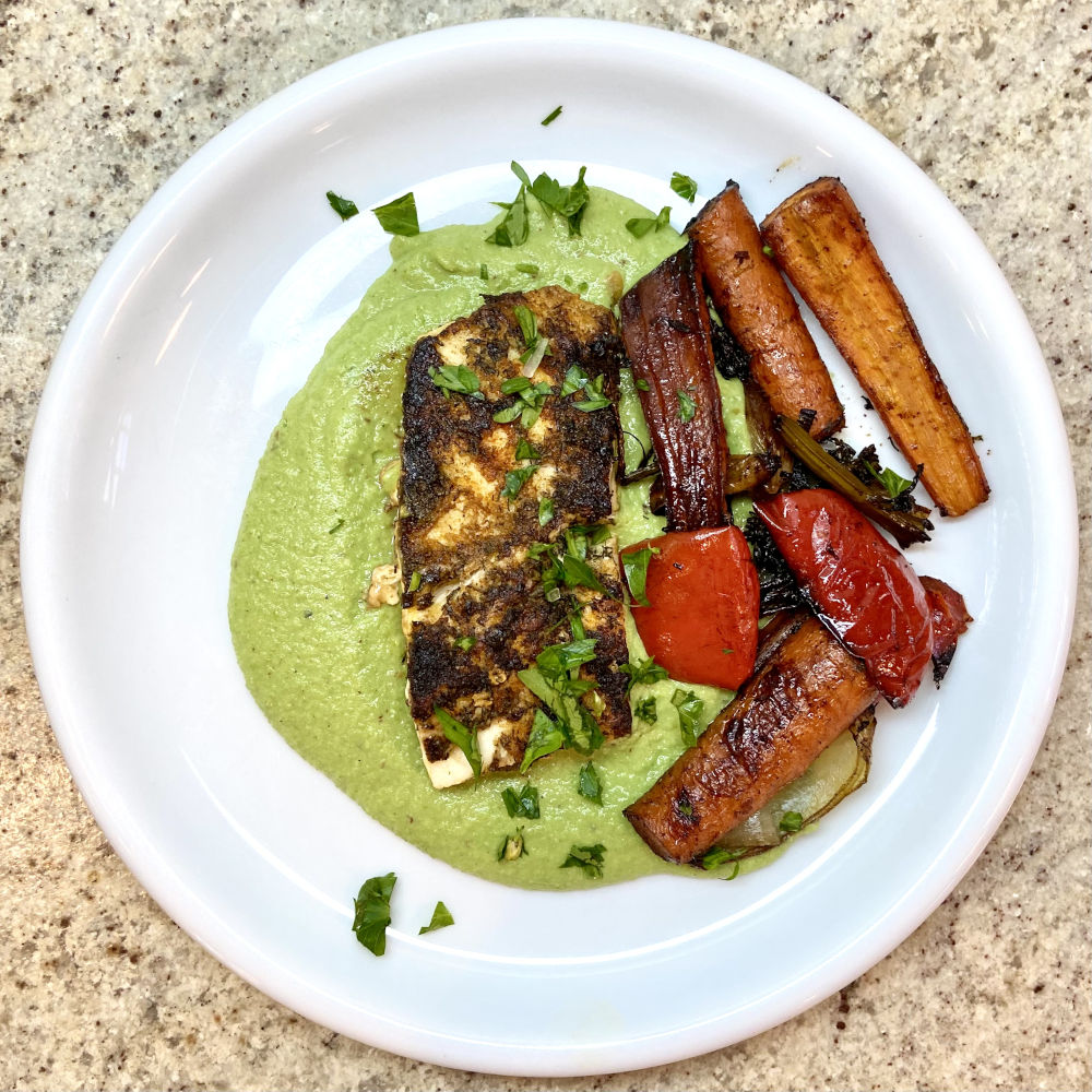 Seared Halibut with Ricotta Pea Puree Dinner at the Franzens