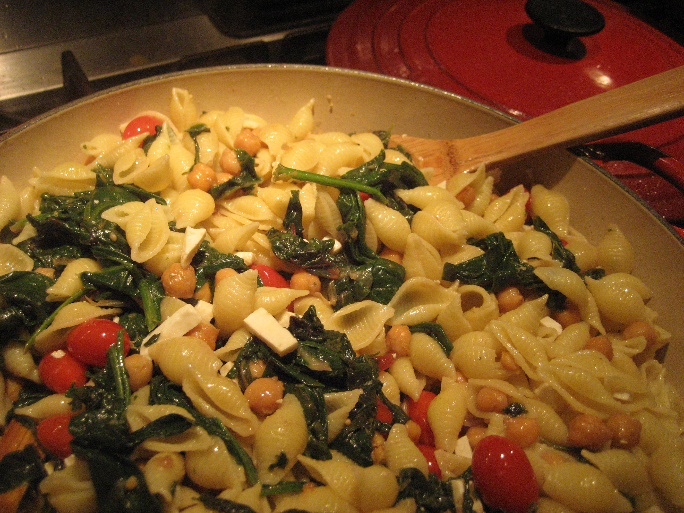 Pasta with Greens, Garbanzo Beans and Ricotta Salata and Carameldipped