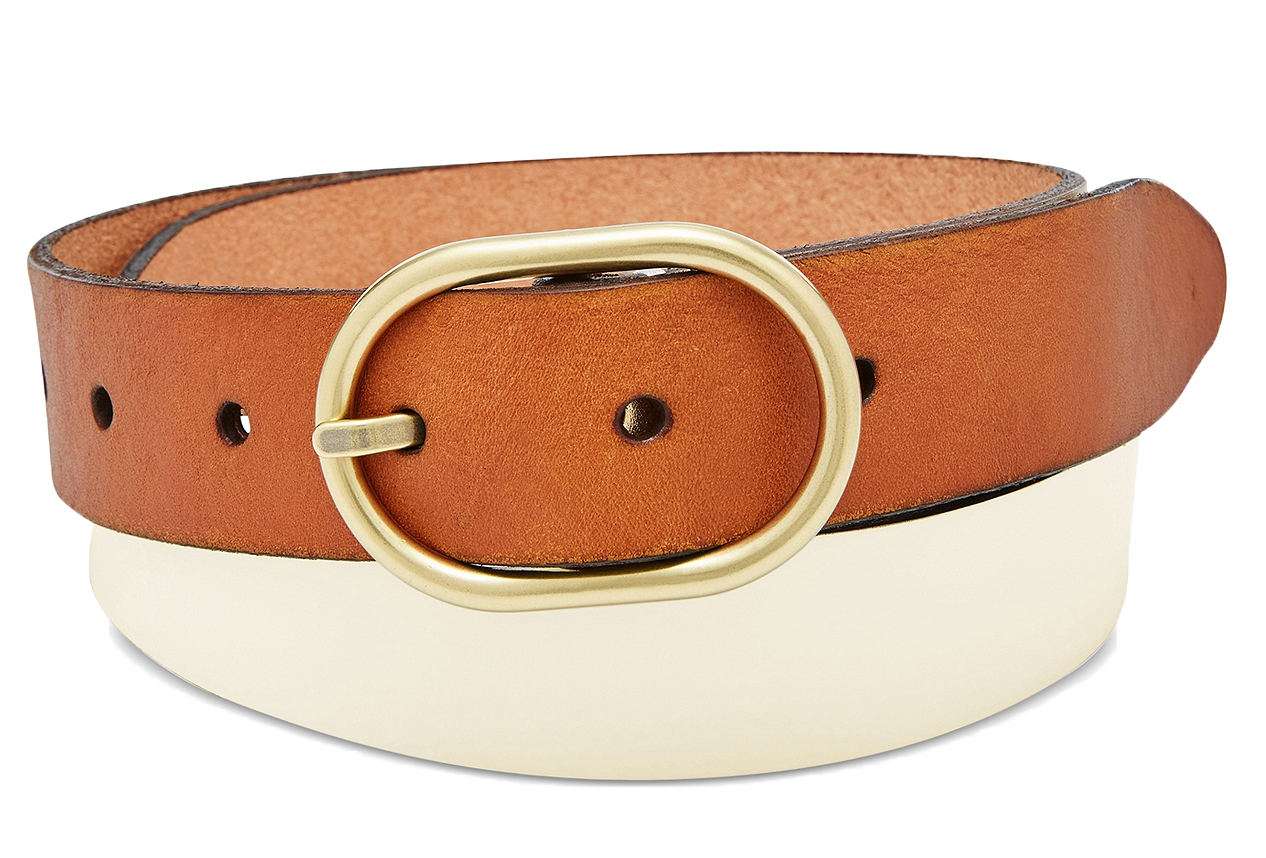 Fossil Women’s Brown & Ivory Leather Colorblocked Oval Buckle Belt