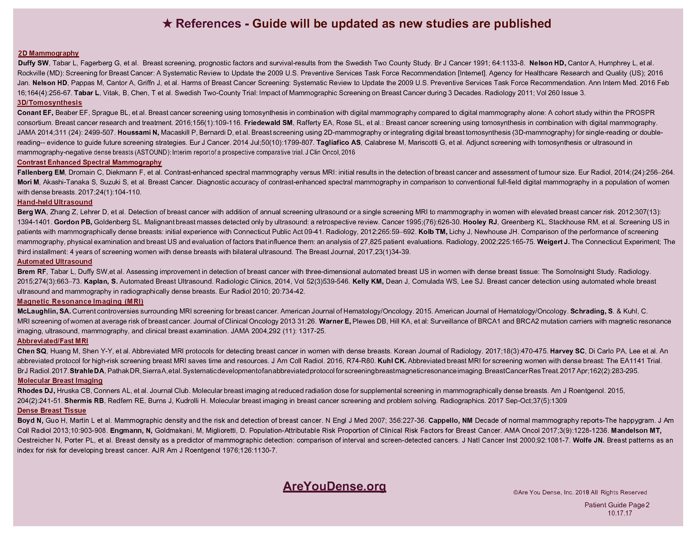 Are You Dense HANDY PATIENT GUIDE TO SCREENING OPTIONS FOR DENSE BREASTS