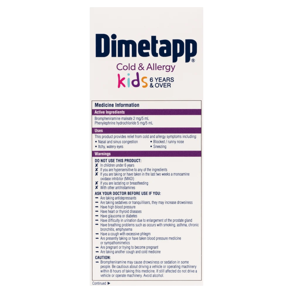 Dimetapp Kids Cold & Allergy 6 Years & Over 200mL Discount Chemist