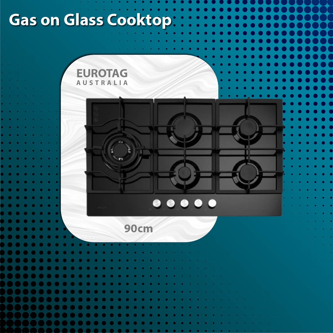 EUROTAG 90cm 5 burner black tempered glass gas cooktop WHG958BC