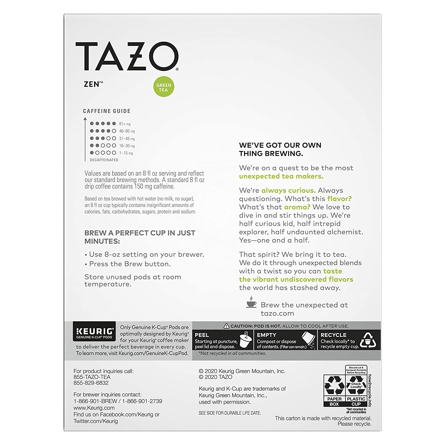 Tazo Zen KCup Pods For a Calming Tea, Green Tea Moderately Caffeinated