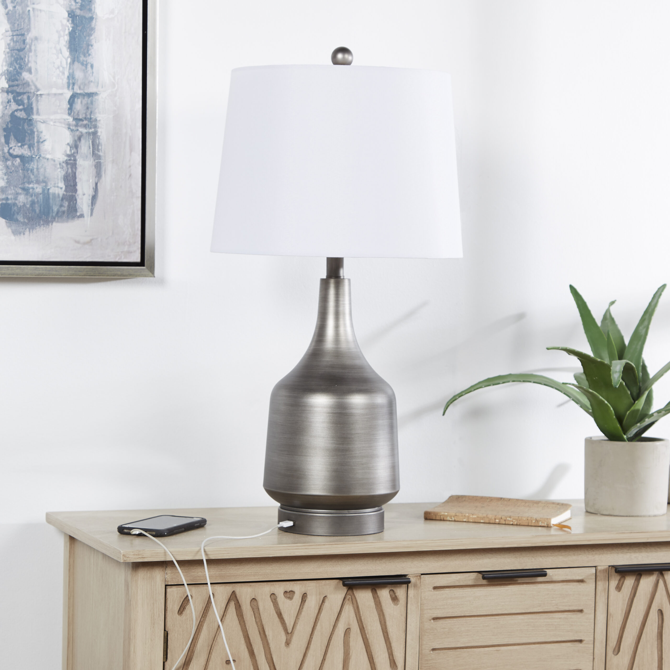 Mainstays Large Metal Accent Table Lamp Base with USB Port, Silver