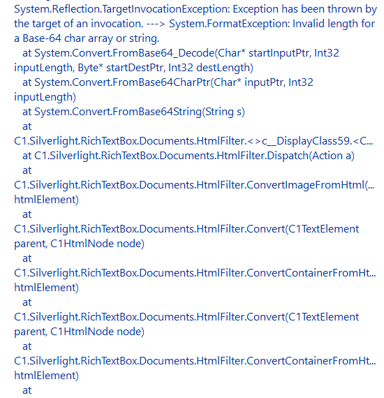 Invalid length for a Base64 char array or string Silverlight Edition