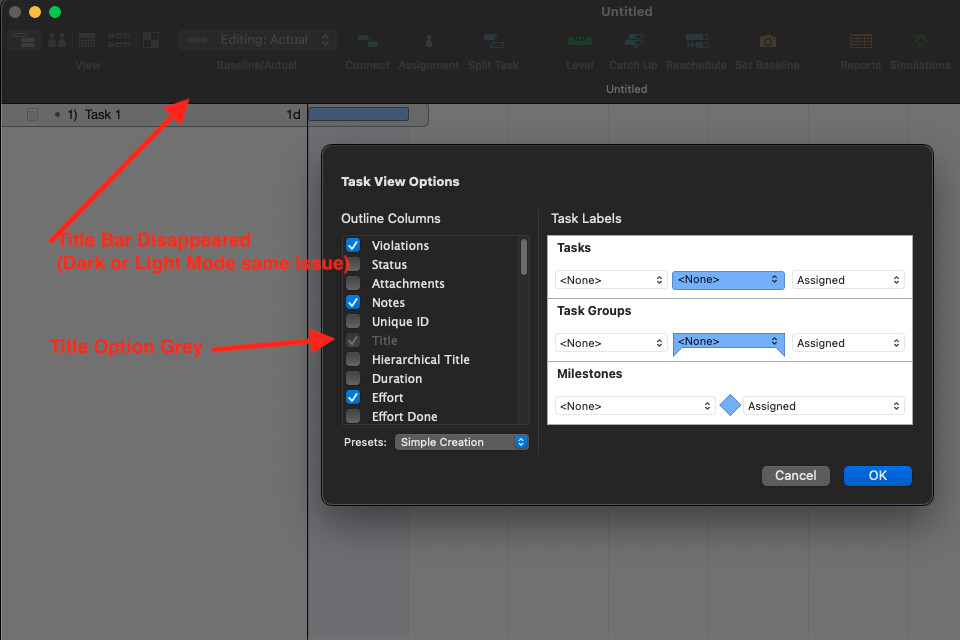 OmniPlan Title bar disappeared OmniPlan for Mac The Omni Group User