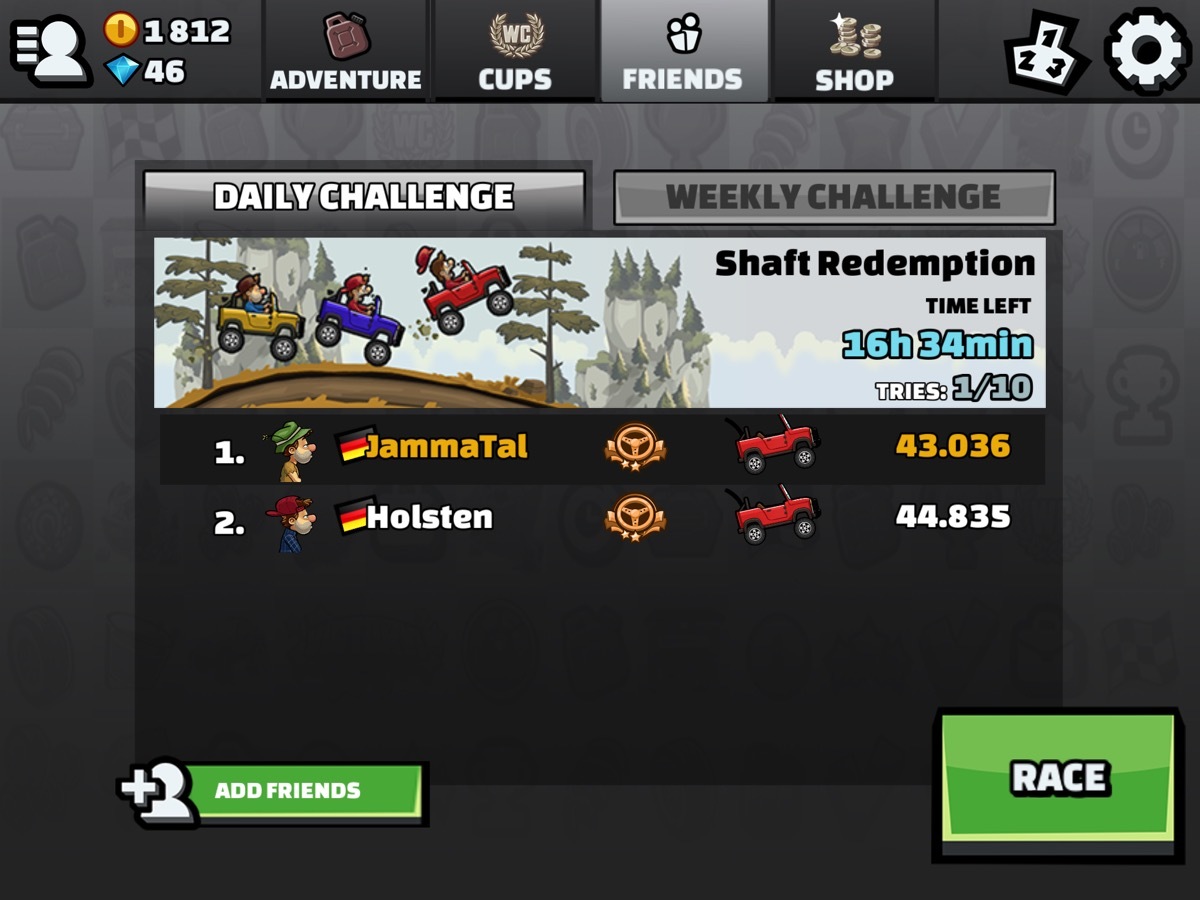 Hill Climb Racing 2 daily/weekly friends challenges Tournaments