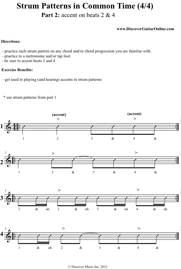 Strum Patterns in 4/4 PART 2 (accents on 2 & 4) Discover Guitar