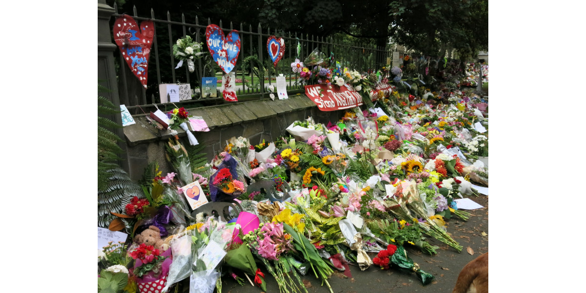 Flowers and tributes on Rolleston Avenue discoverywall.nz