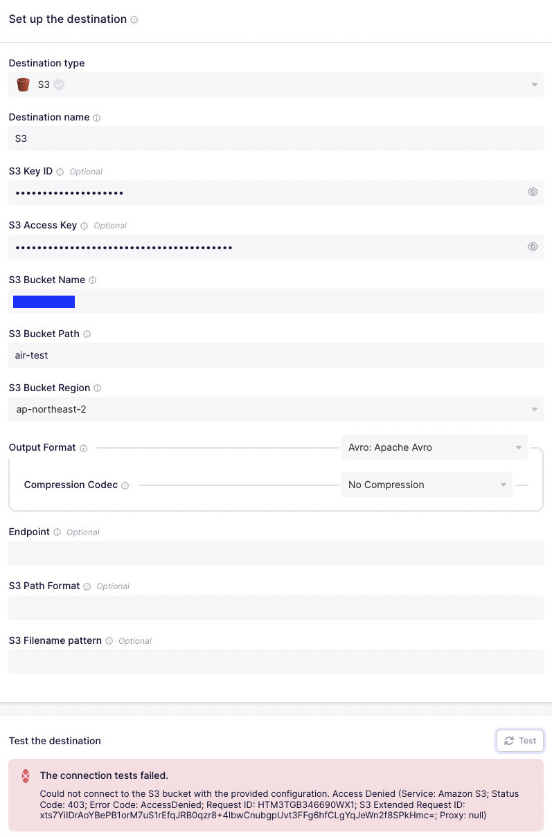 Destination set up s3 public bucket access denied Connector