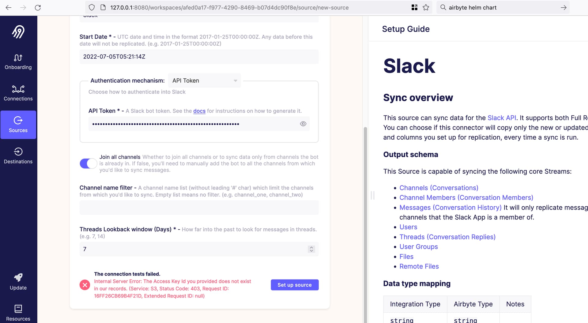 Source connection throws unrelated error The Access Key Id you