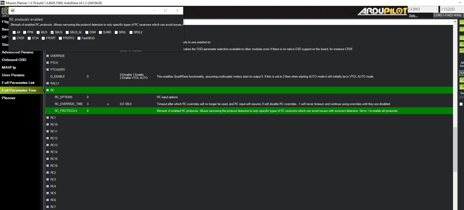 Please check the correctness of the parameters RC_PROTOCOLS Plane 4.1