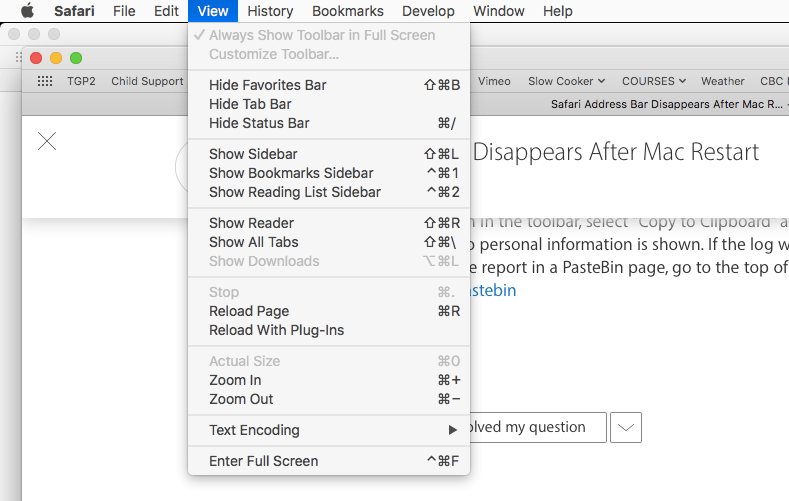 Safari Address Bar Disappears After Mac R… Apple Community