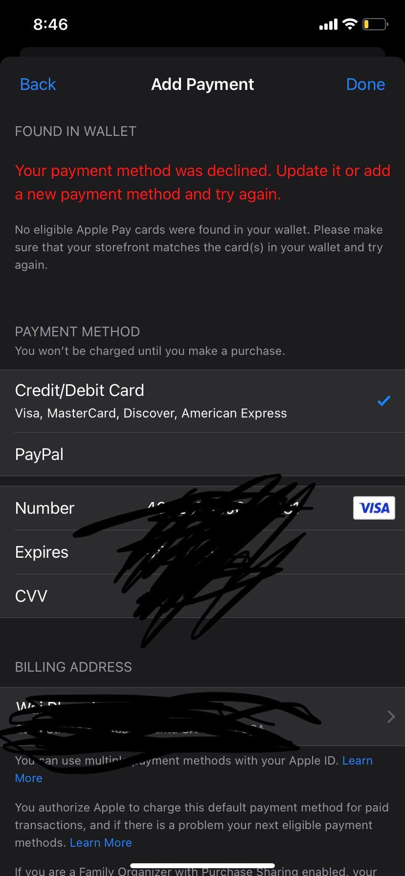 Payment Method Can't Update Apple Community
