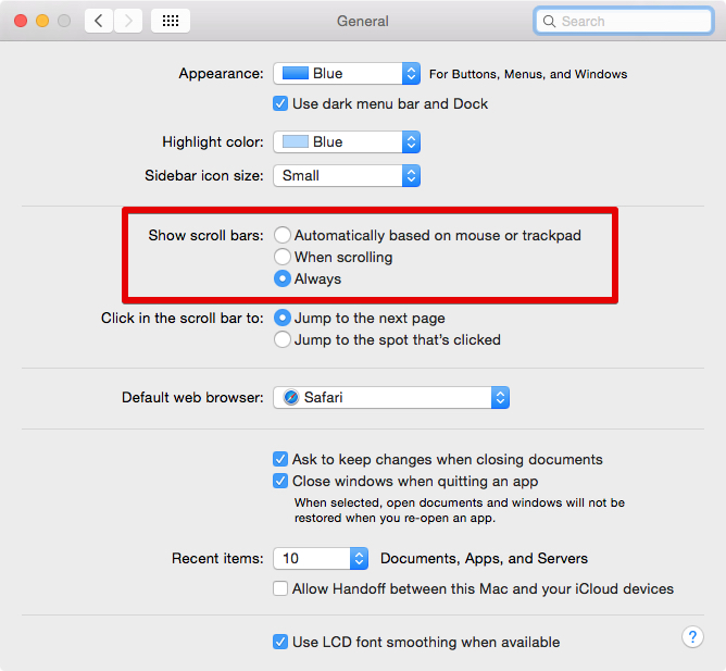 Can't change "Show scroll bar" setting. Apple Community