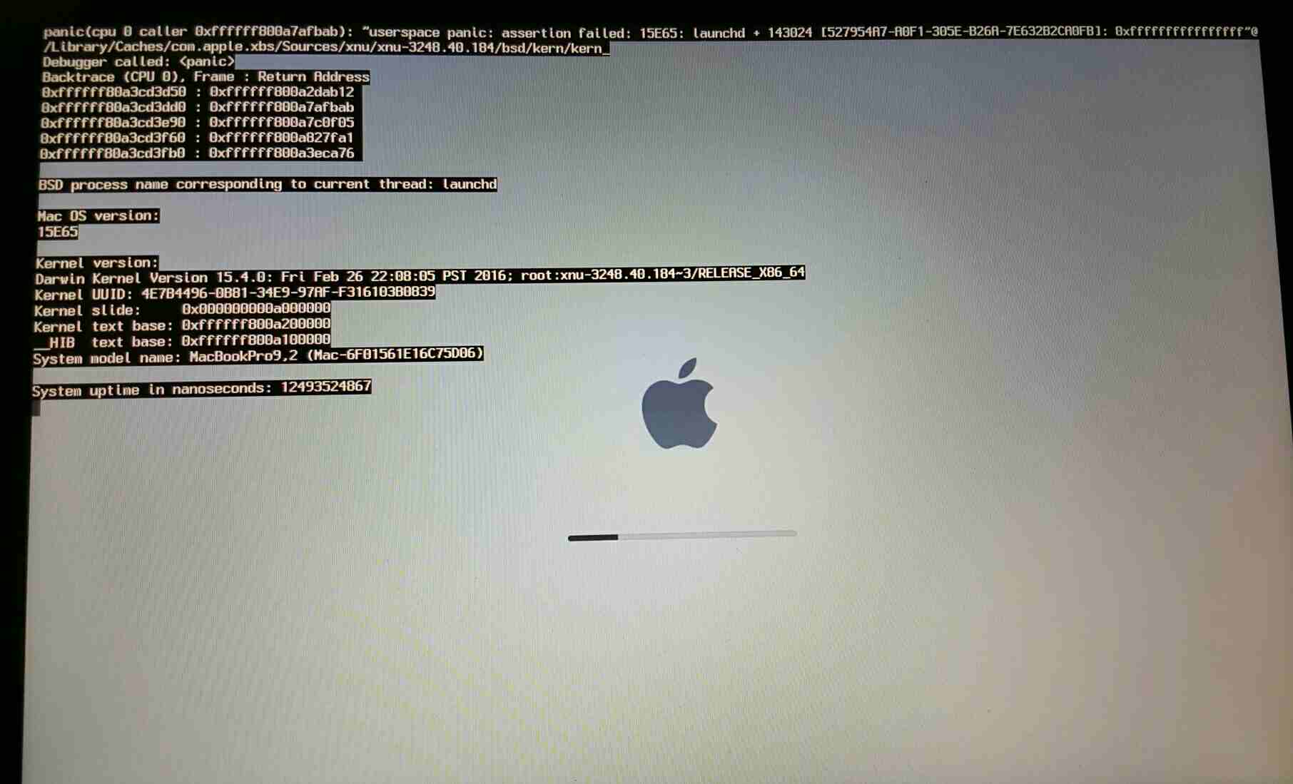 Macbook pro boot error userspace panic Apple Community