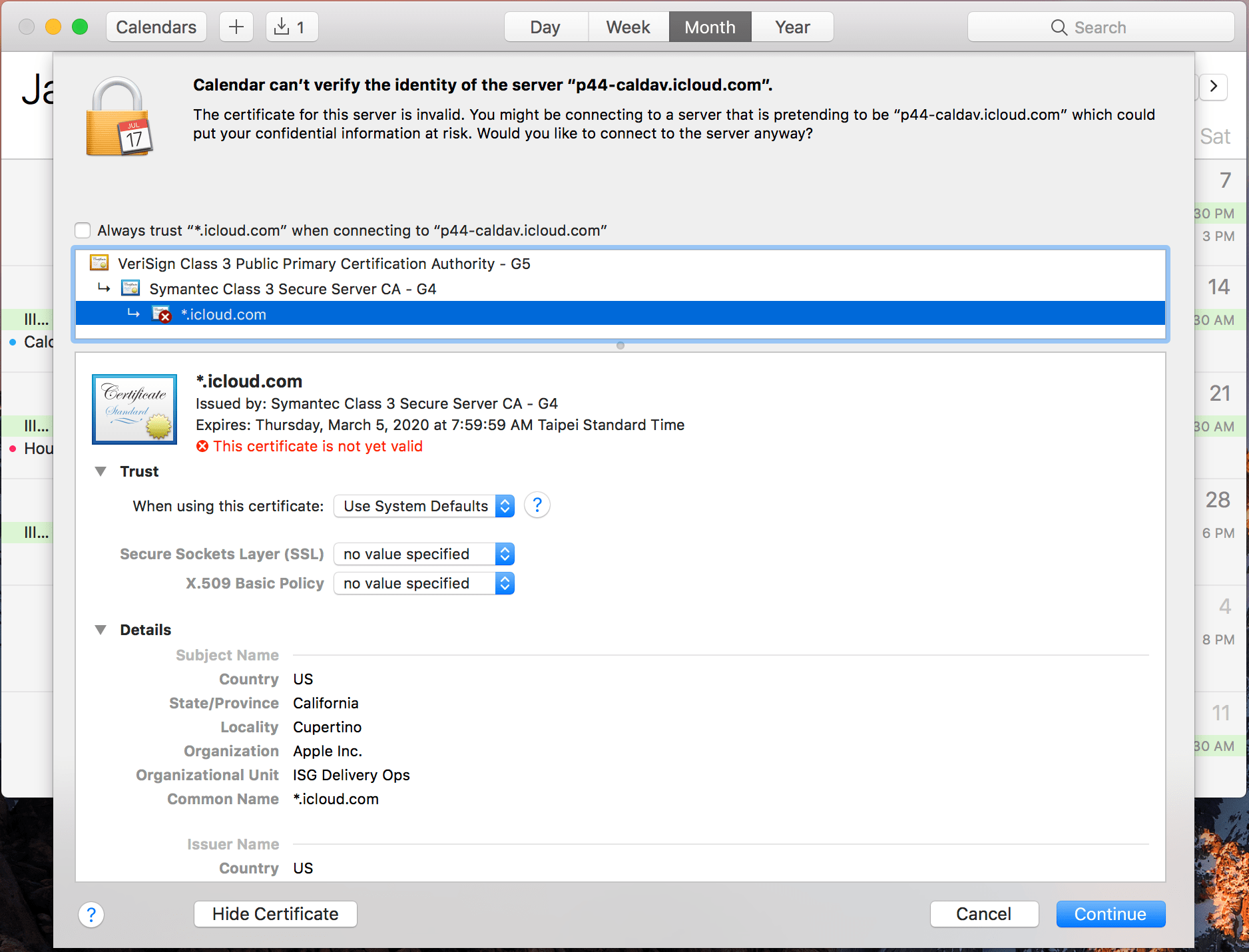 Calendar can't verify the identity of the… Apple Community