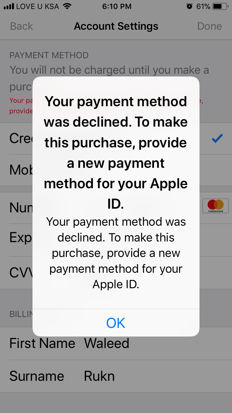 Credit Card is Declined Apple Community
