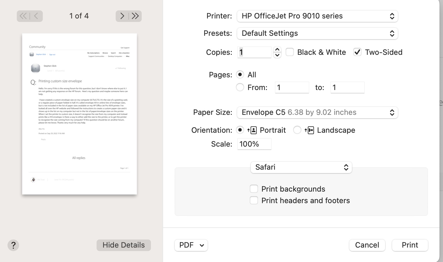 Printing custom size envelope Apple Community