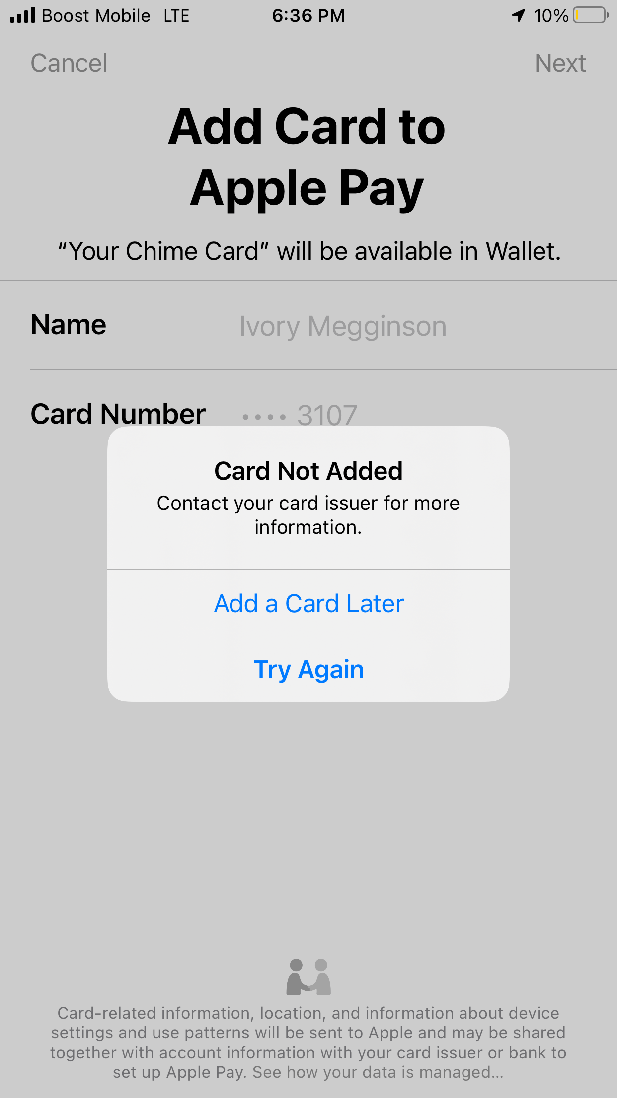 Apple wallet won’t accept my temporary ch… Apple Community