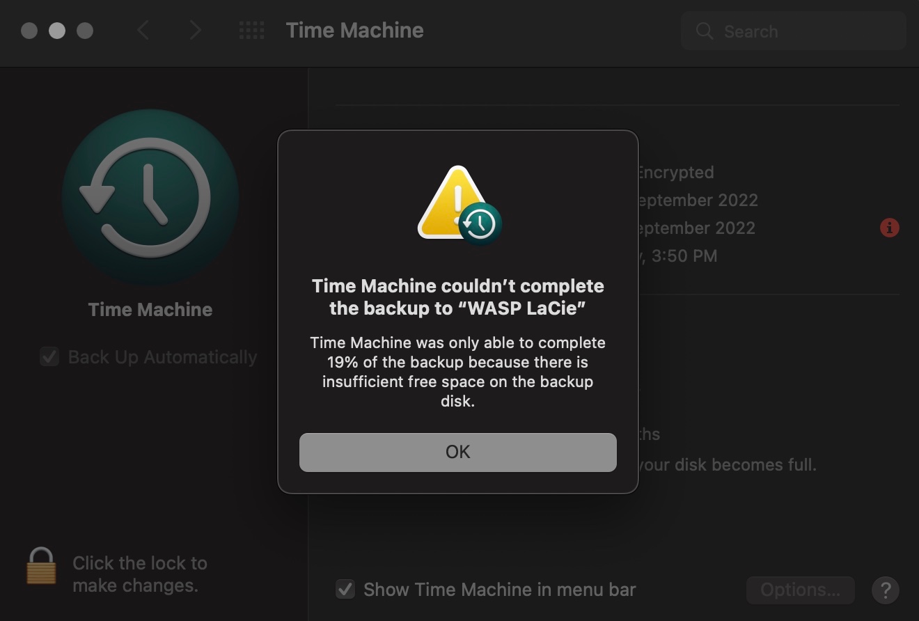 Time Machine not backing up for lack of s… Apple Community